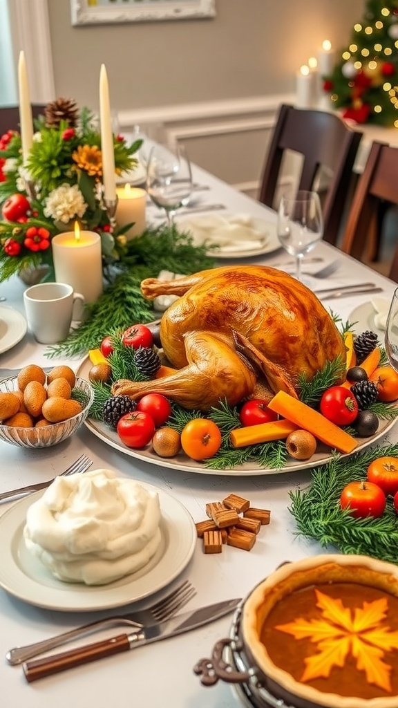 A festive gluten-free Christmas dinner with roasted turkey, vegetables, mashed potatoes, and pumpkin pie on a decorated table.